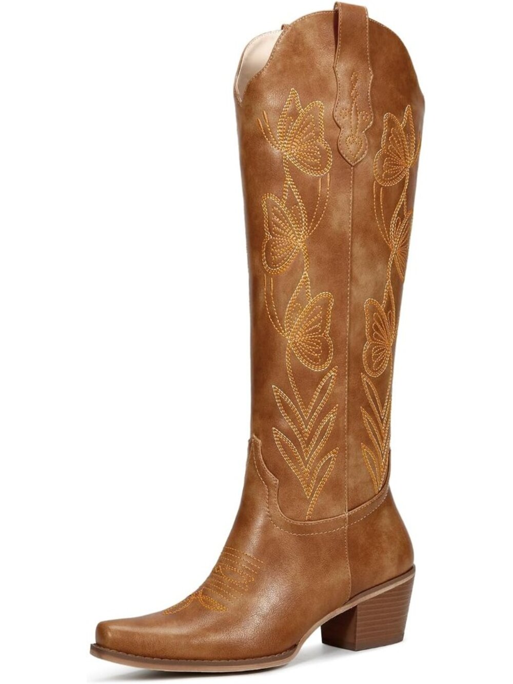 〽️Women's Mid-Calf Cowgirl Boot Brown Leather Block Pointed Toe Heel Embroidered